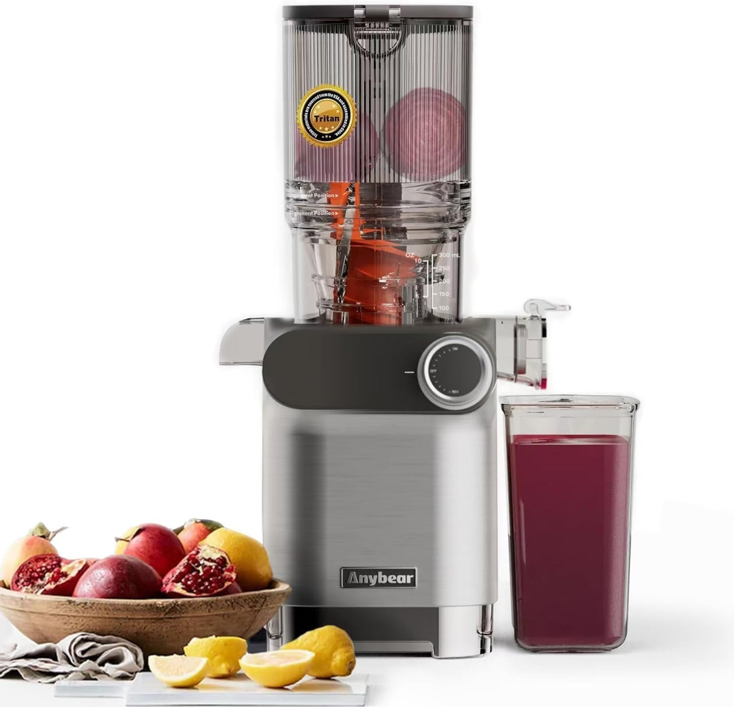Anybear Cold Press Juicer, 200W Masticating Slow Juicer 4.3" Large Feed Chute Fit Whole Fruits Vegetables | Upgraded Auger | Tritan Materials | BPA Free | Juice Recipes (Argent)